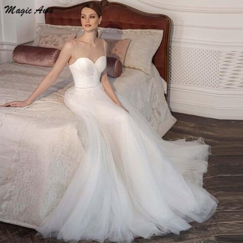 Magic Awn Graceful 2021 Wedding Dresses Beaded Spaghetti Straps Pleats Simple Bridal Gowns Ivory Modest Wedding Party Dress Robe