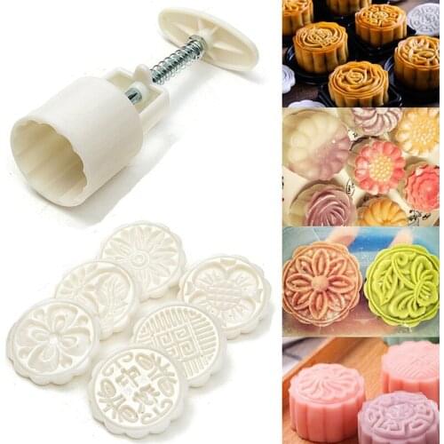1set New 50g Round Flower Mooncake Mould 6 Stamps Moon Cake Decor Baking Tool