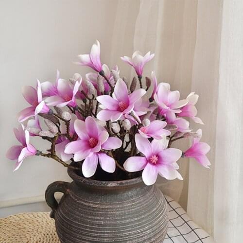 12Pcs Retro 3 Headed Magnolia Silk Flower Home Decoration Floral Arrangement Wedding Road Lead Table Decor Orchid Fake Flowers