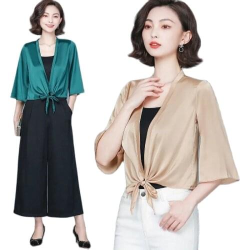 Satin short style small sun proof clothes super fairy cardigan womens summer thin womens coat with shawl P3 319