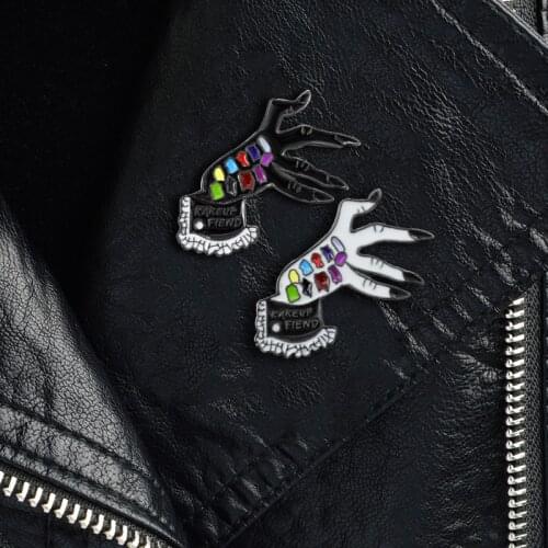 "MAKE UP FIEND"Pin Hand Devil hands Brooch Punk Hand Skeleton Enamel brooch Halloween Party Gifts Black and White color