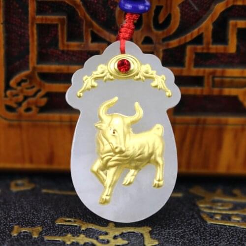 Natural Hetian Jade Necklace Pendant Men Women 24k Gold Cow/Bull Ox Pendants For Male Female Fine Jewelry Hot Sale Top Quality