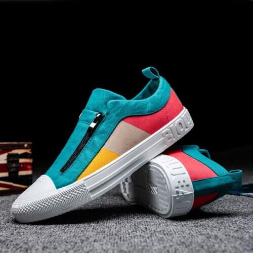 Canvas Flat Men Color Fashion Zip Mens Vulcanize Shoes Non-Leather Casual Student Walking Sneaker Flat Shoes Loafers Footwear