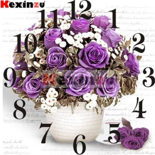 Kexinzu 5D Diamond Painting Kit With Clock Mechanism Cross stitch Full Square Round Diamond Embroidery Mosaic Flower Gift