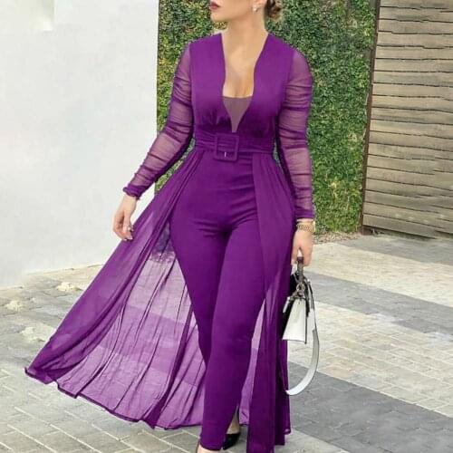 Jumpsuit Women Solid Color Skinny Playsuit Women Long Sleeve Sheer Patchwork Waist Tight Belt Overall for Party 2021 ropa mujer