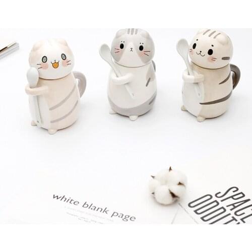 Creative ceramic cup cartoon cat cup breakfast milk coffee cup mug with cover and spoon