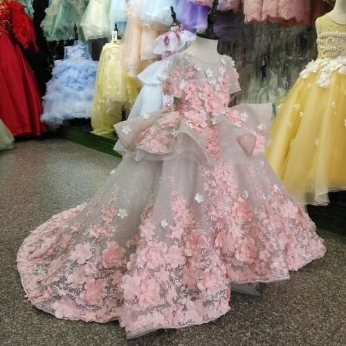 Real Picture New Flower Girls Dress Baby Girl Clothes Lace 3D Flowers Applique Puffy Tulle Kids Birthday Gown Custom Made