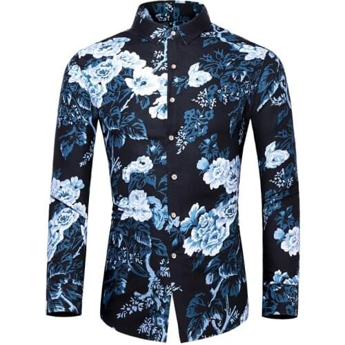 Mens Autumn Hawaiian Flower Printed Slim Fit Shirt Holiday Party Male Long Sleeve Casual Dress Shirts Chemise Homme 6XL 7XL