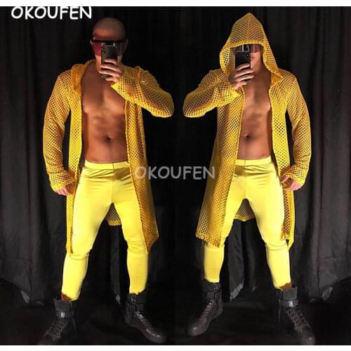 Nightclub male singer bar dancer sexy yellow hollow long hip hop cape costume suit stage show DS wear