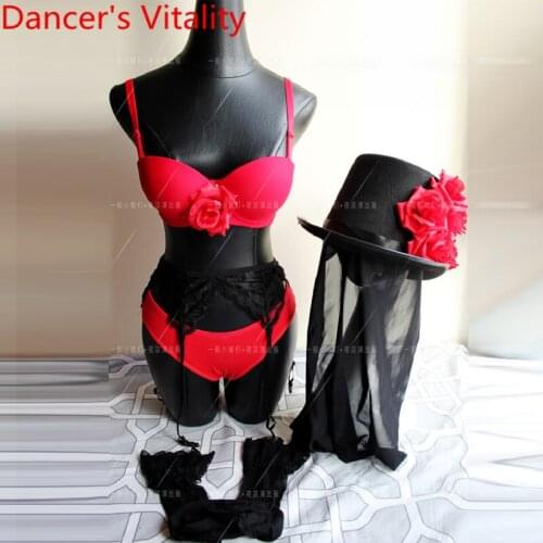 Nightclub New Bar Singer DJ DS Performance Costume Red Rose Sexy Mysterious Masked Jazz Hat Pole Dance Stage Wear Outfits Garmen