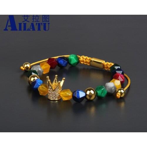 New Luxury Gold Color Crown Bracelet with Irregular Geometry Cut Stone Beads Top Quality Jewelry for Women and Men Present