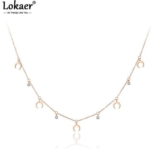 Lokaer Trendy Stainless Steel CZ Crystal Horn Shape Choker Necklace Jewelry Lovely Pendant Chain Necklace For Women Girls N19122