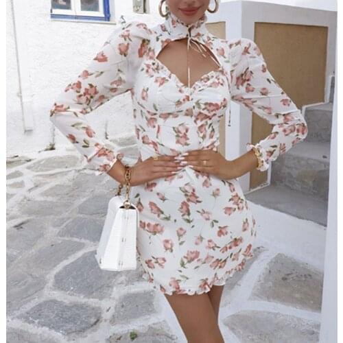 Mini Dress Women Fashion Korean Japanese Long Sleeve Print Floral Slim Sheath Hollow Out Slender High Waist Feminino Vestidos