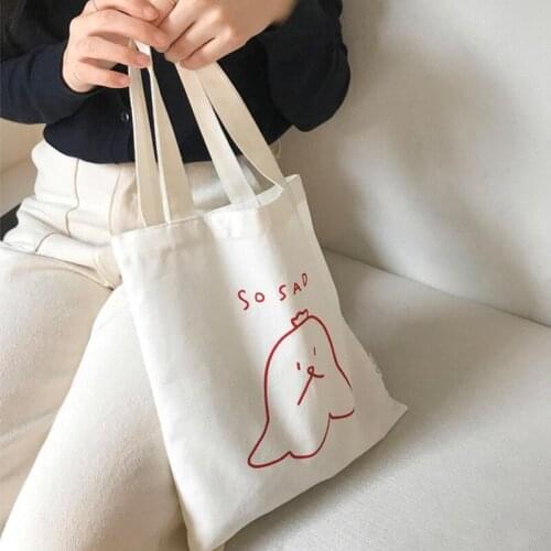 Cute Cartoon Canvas Tote Bag So Sad Letters Print Handbag For Women Girl Small White Shopper Bag Cotton Thin Shopping Bag 2021