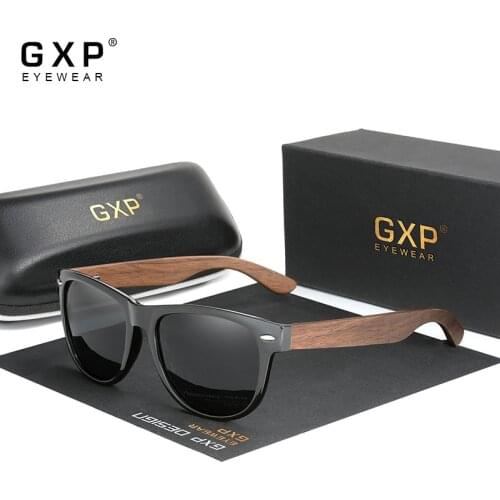 GXP Handmade Black Walnut Sunglasses Mens Wooden Eyewear Women Polarized Mirror Vintage Square Design Oculos de sol