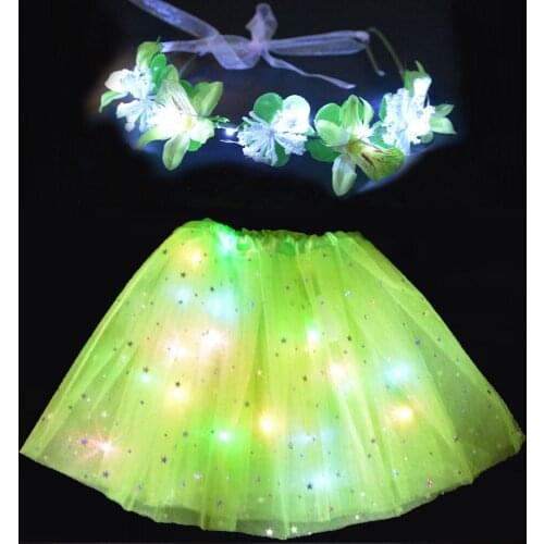 Party Glow LED Girl Women Star Tutu Skirt Leis Flower Crown Wreath Set Birthday Gift Christmas Show Ballet Dance Wear New Year