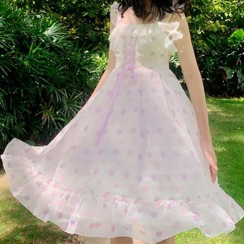 Japanese Sweet lolita dress High Waist Strap Polka Dot Ruffles Immortal Dungaree Dress Womens Summer lolita princess dress