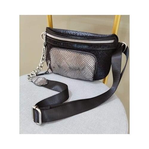 Women cool personlity sequin black pu leather crossbody bag for female small mini casual soft unique design silver shoulder bag