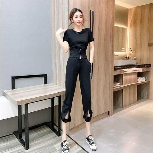Women 2021 Summer New Fashion Two Piece Sets Female Solid Color O-neck Tops Ladies High Waist Casual Sports Pants Suits I66