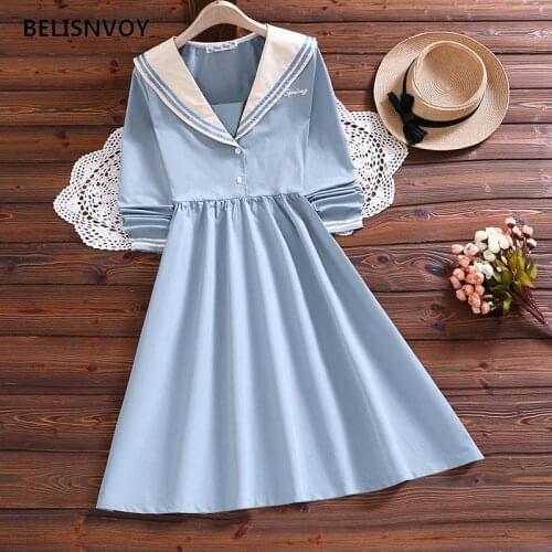 Japanese Preppy Style Long Sleeve Dress Women Sailor Collar Sweet Loose Students Dresses Simple Cute All-match Fashion Ulzzang