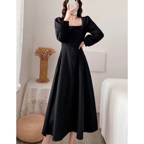 Womens Spring Autumn Style Dress Womens Elegant Long Sleeve Solid Color Square Neck Korean Casual Dress AA3317