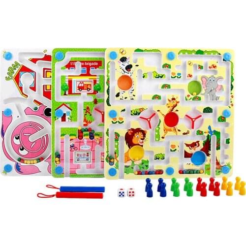 2 in 1 Double Sided Kids Education Toys Magnetic Ball Pen labyrinth & Flying Chess Game Wooden Family Game