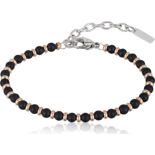 Runda Fashion Men And Women Beaded Bracelet Black Natural Stone With Stainless Steel Ring Jewelry Handmade Couple Holiday Gift