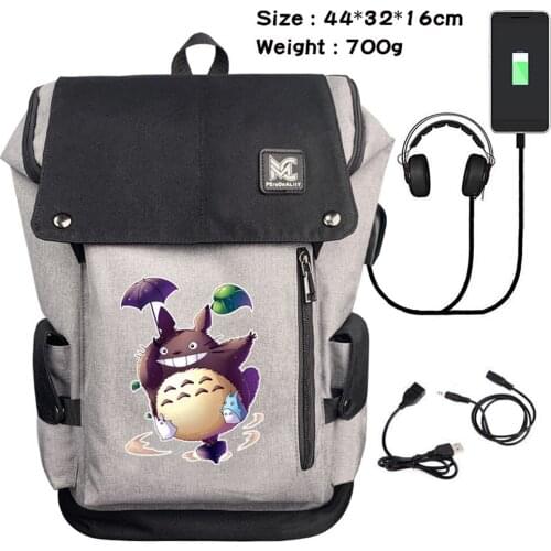 Anime My Neighbor Totoro USB Charging Backpack Canvas Headphone Teenager Travel Laptop Bag Student Zip Cartoon Schoolbag