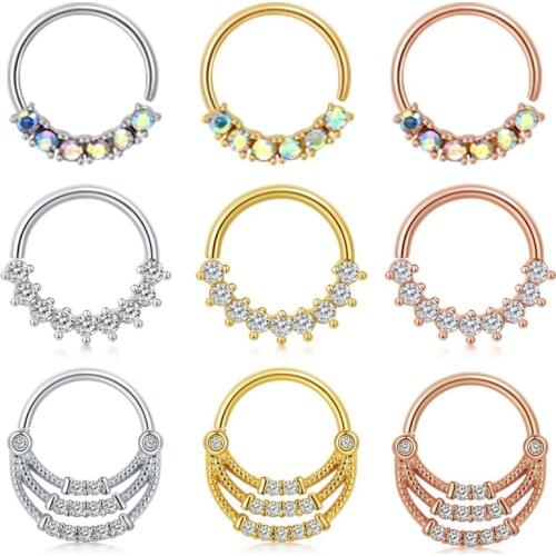 20G CZ Crystal Centered Stainless Steel Hinged Segment Ring for Septum, Nostril, Lip, and Ear Piercings