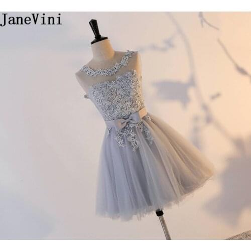 JaneVini Short Gray Girls Tulle Dress For Wedding Party Knee Length Formal Prom Dresses Lace Appliques Sheer Neck Dinner Gowns