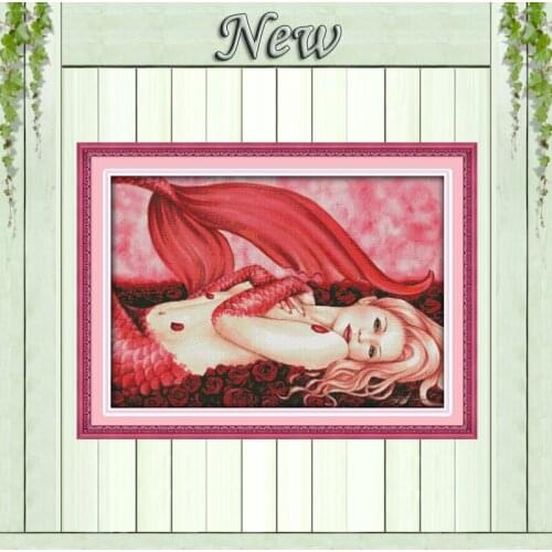 Red mermaid,Counted print on the canvas DMC 14CT 11CT Cross Stitch Needlework kits,Embroidery Sets,Girl painting home room Decor