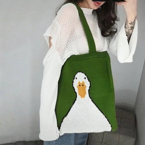 Cute Cartoon Duck Green Knitted Bag Handbag Shopping Bag Shoulder Knitted Bag Funny Winter Kawaii Teenager Tote
