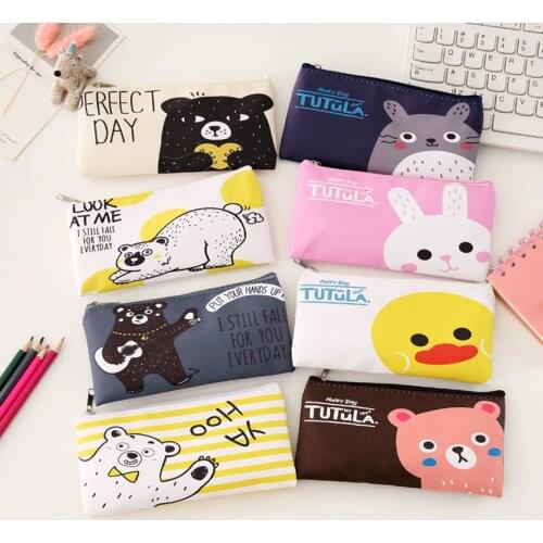 Cute Student Pencil Bags Stationery Storage Bag Cartoon Simple File Filling Bag PU Zipper Pencil Bag School Office Supplies
