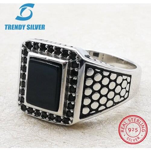 Silver 925 fine jewelry man rings men accessories turquoise gemstone natural black onyx agate CZ wholesale TRENDY SILVER TCR811