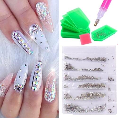 1440pcs AB White Nail Rhinestones Set Flat Back Design Nail Strass Crystal Stones 3D Nail Art Decoration Accessories Tools LA880