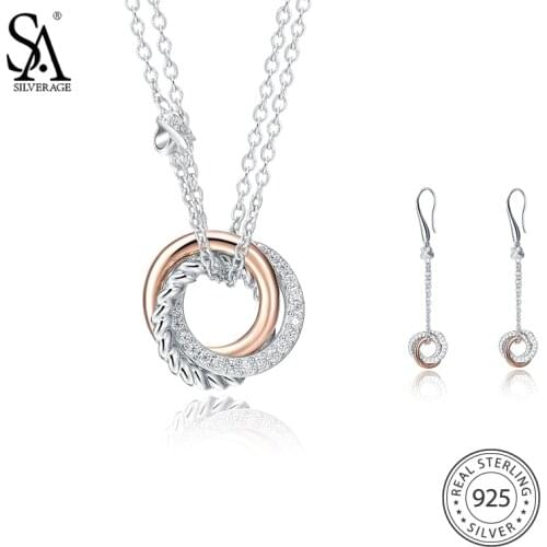 SA SILVERAGE 925 Sterling Silver Jewelry Sets AAA Zirconia Necklaces Pendants Drop Dangle Earrings for Women Fine Jewelry
