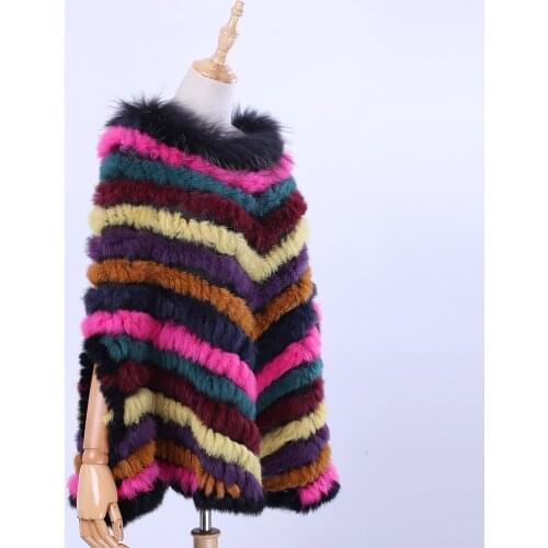 2020 New Womens Luxury Pullover Knitted Genuine Rabbit Fur Raccoon Fur Poncho Cape Scarf Knitted Wraps Shawl Triangle Amice