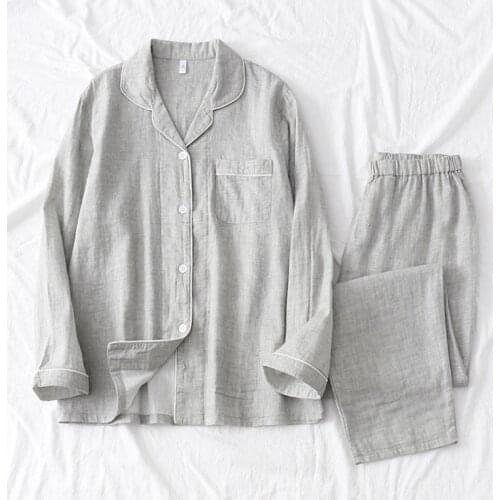New Couple Double Crepe Gauze Pajama Set 100% Cotton Long Shirt Nightwear Long Sleeve Nightgown Men And Women Pijamas Sleepwear