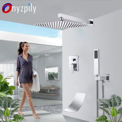 Onyzpily Chrome Shower Faucet Set Rainfall Bathtub Wall Mount ConcealedMixer Tap 3-way Handshower Bath Shower Waterfall Spout