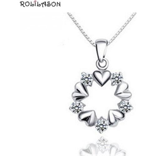 ROLILASON s925 Pure Silver shining like Diamond Heart Circle Hollow Cut Noble Necklace Pendants SP87