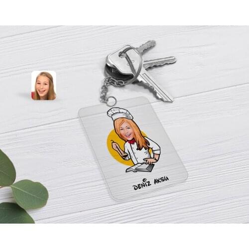 Personalized Female Chef Caricature Of Transparent Plexiglass Anahtarlık-12