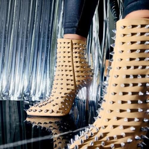 Transparent PVC Studded Ankle Boots Pointed Toe Stiletto Heel Dress Shoes Zipper Nude Gladiator Heels Patchwork Pumps
