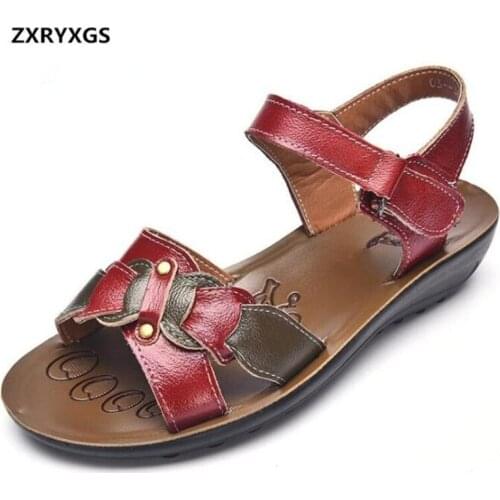 2020 New Spell Color Summer Women Sandals Mother Genuine Leather Shoes Flat Soft Comfortable Non-slip Large Size Women Sandals