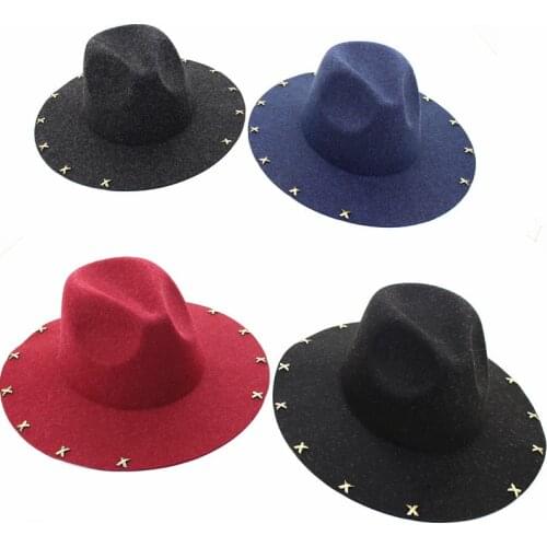 British Retro Unisex Wool Blends Fedora Hats with Rivet Felt Men Women Wide Brim Jazz Church Cap Vintage Panama Sun Top Hats