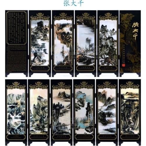 Office Table MINI Folding Screens 6 Joined Panels Decorative Painting Wood Byobu Zhang Daqian Outlined Landscape