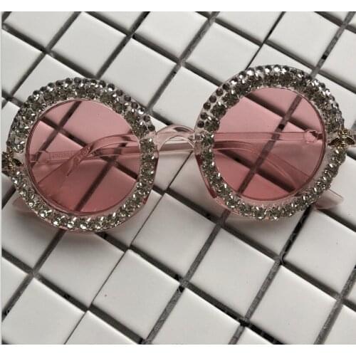 Handmade Sunglasses Pink Women Eyewear Small Round Crystal Diamond Sun Glasses UV400 DIY Cute Eyeglasses Unique Gafas de sol