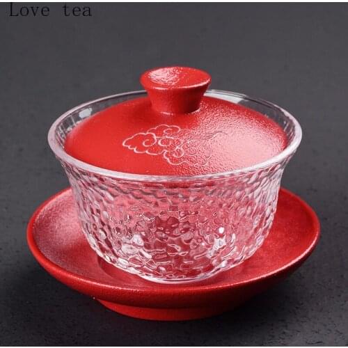 Japanese style heat-resistant glass cover bowl, ceramic portable exquisite cover bowl, furniture transparent office tea set