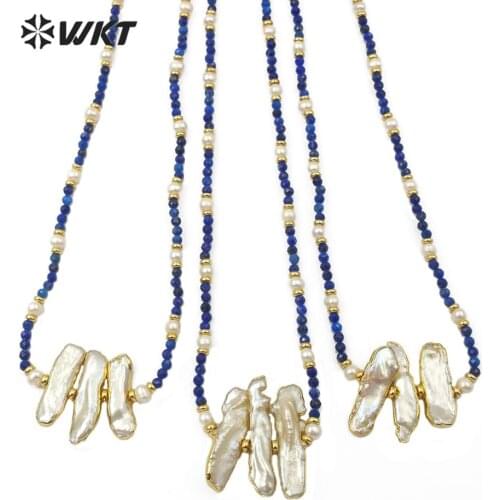 WT-JN104 WKT Natural Pearl Necklace Gold Bezel Pearl Lapis Beads,Pearl Beads,themed Pendant In Randomly Shape Necklace Jewelry