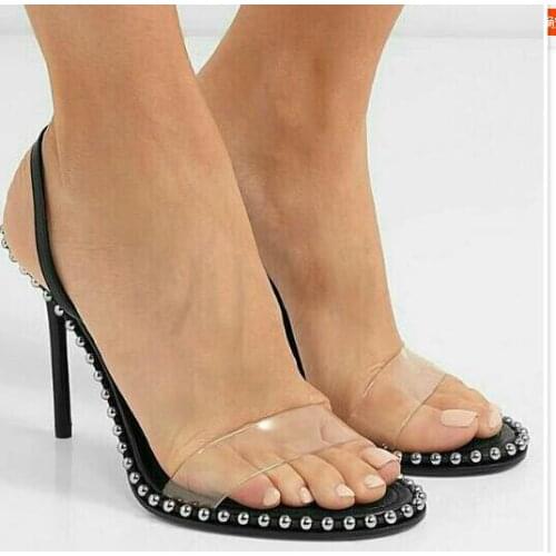 Moraima Snc Sexy PVC Patchwork High Heel Sandals Woman Open Toe Rivets Studded Thin Heels Shoes Slip on Party Dress Shoe