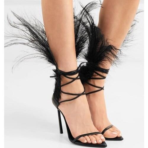 Deification Feather Studded Ladies Sandals Zapatos Lace Up High Heels Sexy Black Open Toe Party Wedding Shoes sandalias mujer